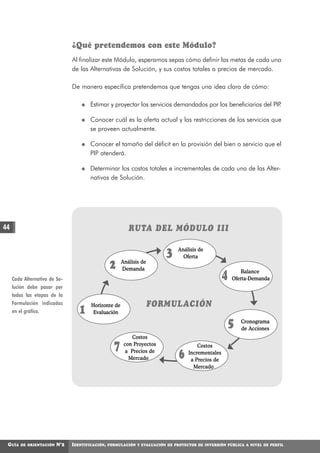 ¿Qué pretendemos con este Módulo?
                               Al finalizar este Módulo, esperamos sepas cómo definir las metas de cada una
                               de las Alternativas de Solución, y sus costos totales a precios de mercado.

                               De manera específica pretendemos que tengas una idea clara de cómo:

                                       Estimar y proyectar los servicios demandados por los beneficiarios del PIP
                                                                                                                .

                                       Conocer cuál es la oferta actual y las restricciones de los servicios que
                                       se proveen actualmente.

                                       Conocer el tamaño del déficit en la provisión del bien o servicio que el
                                       PIP atenderá.

                                       Determinar los costos totales e incrementales de cada una de las Alter-
                                       nativas de Solución.




44                                                        RUTA DEL MÓDULO III

                                                                          3    Análisis de
                                                                                 Oferta
                                                  2    Análisis de
                                                       Demanda
     Cada Alternativa de So-                                                                        4       Balance
                                                                                                        Oferta-Demanda
     lución debe pasar por
     todas las etapas de la
     Formulación indicadas             Horizonte de                  FORMULACIÓN
     en el gráfico.               1     Evaluación

                                                                                                        5   Cronograma
                                                                                                            de Acciones
                                                           Costos

                                                   7    con Proyectos                   Costos
                                                         a Precios de
                                                          Mercado              6    Incrementales
                                                                                     a Precios de
                                                                                      Mercado




 GUÍA   DE ORIENTACIÓN   N°2   IDENTIFICACIÓN,   FORMULACIÓN Y EVALUACIÓN DE PROYECTOS DE INVERSIÓN PÚBLICA A NIVEL DE PERFIL
 