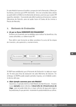 En este Módulo haremos el análisis y proyección de la Demanda y Oferta por
         los bienes y servicios que el PIP intervendrá. Una vez conocidos estos valores
         se podrá definir el Déficit en la Demanda de bienes y servicios que nuestro PIP
         específico atenderá. Conociendo este déficit podremos dimensionar nuestras
         Alternativas de Solución, para así poder hacer el Costeo de las mismas a
         Precios de Mercado.



         1.        Horizonte de Evaluación
              ¿A qué se llama HORIZONTE DE EVALUACIÓN?
              Se llama así al período que se establece para evaluar los beneficios y los
              costos atribuibles a un determinado PIP.

            Para definir este horizonte se debe considerar la suma de las etapas
         de inversión y de operación y mantenimiento.




                                                                                                                               45
                      PRE-INVERSIÓN                 INVERSIÓN             POST-INVERSIÓN



                                         HORIZONTE     DE EVALUACIÓN




         El SNIP tiene establecido que el Horizonte de Evaluación no debe ser mayor
         de 10 años para fines de evaluación de cada Alternativa de Solución. Sin
         embargo, la DGPM puede aceptar períodos mayores, con el debido susten-
         to técnico del caso.

              ¿Qué ejemplo usaremos para este Módulo?
              Usaremos un ejemplo distinto al del Módulo de Identificación. Nuestro
              nuevo ejemplo estará referido al desarrollo de infraestructura de
              riego, para así poder dotar de un mayor volumen de agua para riego a
              los productores, lo que permitirá incrementar la productividad de sus cultivos.




IDENTIFICACIÓN,   FORMULACIÓN Y EVALUACIÓN DE PROYECTOS DE INVERSIÓN PÚBLICA A NIVEL DE PERFIL   GUÍA   DE ORIENTACIÓN   N°2
 