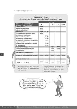 En nuestro ejemplo tenemos:



                                                        ALTERNATIVA 1:
                                       Construcción de una nueva infraestructura de riego
                                                                                                      A Ñ O S
                               COSTOS INCREMENTALES
                               A PRECIO DE MERCADO                                   0         1         2        3       4-10
                               I. PRE-INVERSIÓN                                   16,000
                               a) Estudio de Pre-factibilidad                      6,000
                               b) Estudio de Factibilidad                         10,000
                               II. INVERSIÓN                                       6,000   124,178
                               c) Estudio definitivo y Expediente Técnico          6,000
                               d) Construcción de la bocatoma                               20,000
                               e) Construcción del canal                                    11,178
                               g) Construcción de caja de control                           24,000
                               h) Capacitación en capacitación en organización              18,000
                                  y administración
                               l) Capacitación en manejo de riego y agricultura             31,000
                               m) Gastos generales                                          20,000
                               III. POST-INVERSIÓN (por cada año)                                       45,500   42,000   42,000
                               a) Operación y Mantenimiento del canal                                   42,000   42,000   42,000
                               b) Infraestructura                                                        3,500
                               COSTOS SITUACIÓN SIN PROYECTO

58                             IV. OPERACIÓN Y MANTENIMIENTO SIN PROYECTO         30,000     30,000     30,000   30,000   30,000


                               COSTOS INCREMENTALES


                                TOTAL      (I + II + III - IV)                    52,000     94,178     15,500   12,000   12,000



                                   Para los costos del plan ambiental                      Estamos haciendo el supuesto de
                                   ver MÓDULO DE EVALUACIÓN                                que la Operación y Mantenimiento
                                   más adelante.                                           del canal existente tiene un costo
                                                                                           anual de S/. 30,000.




                                               Recuerda, el análisis de costos
                                              al nivel que acabamos de ver, se
                                               debe realizar para TODAS las
                                                  Alternativas de Solución.




 GUÍA   DE ORIENTACIÓN   N°2     IDENTIFICACIÓN,     FORMULACIÓN Y EVALUACIÓN DE PROYECTOS DE INVERSIÓN PÚBLICA A NIVEL DE PERFIL
 