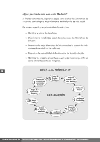 ¿Qué pretendemos con este Módulo?
                               Al finalizar este Módulo, esperamos sepas cómo evaluar las Alternativas de
                               Solución y cómo elegir la mejor Alternativa desde el punto de vista social.

                               De manera específica tendrás una idea clara de cómo:

                                       Identificar y valorar los beneficios.

                                       Determinar la rentabilidad social de cada una de las Alternativas de
                                       Solución.

                                       Determinar la mejor Alternativa de Solución sobre la base de los indi-
                                       cadores de rentabilidad de cada una.

                                       Determinar la sostenibilidad de la Alternativa de Solución elegida.

                                       Identificar los impactos ambientales negativos de implementar el PIP así
                                                                                                           ,
                                       como estimar los costos de mitigarlos.




64
                                                          RUTA DEL MÓDULO IV

                                                                          Costos a
                                                     Evaluación
                                                     económica a
                                                                      3   Precios
                                                                          Sociales           4
                                                                                                   Flujo de
                                                                                                 Costos a Pre-

                                                 2    precios del
                                                       mercado
                                                                                                 cios Sociales



                                           Flujos de                                                     5 Evaluación
                                                                                                             Social
                                     1   Ingresos del
                                           Proyecto
                                                                    EVALUACIÓN

                                     10    Marco
                                           Lógico
                                                                                                           6 Sensibilidad
                                                                                                             Análisis de




                                                        Análisis                                   Selección
                                                   9   de Impacto
                                                       Ambiental             Análisis de
                                                                                             7    de la Mejor
                                                                                                  Alternativa
                                                                        8   Sostenibilidad




 GUÍA   DE ORIENTACIÓN   N°2   IDENTIFICACIÓN,   FORMULACIÓN Y EVALUACIÓN DE PROYECTOS DE INVERSIÓN PÚBLICA A NIVEL DE PERFIL
 