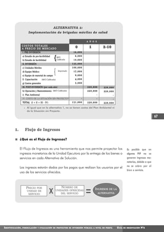 ALTERNATIVA 2:
                        Implementación de brigadas móviles de salud

                                                                                  A Ñ O S

                  COSTOS TOTALES
                  A PRECIO DE MERCADO                                     0        1           2-10
                  I. PRE-INVERSIÓN                                       16,000
                                                                          6,000
                  a) Estudio de pre-factibilidad
                  b) Estudio de factibilidad          {    M/O
                                                           Calificada    10,000
                  II. INVERSIÓN                                         135,000



                                                      {
                  c) Unidades Móviles                                   100,000
                  d) Equipo Médico                          Importado    17,000
                  e) Equipo de material de campo                          9,000
                  f) Capacitación       (M/O Calificada)                  4,000
                  g) Gastos generales                                     5,000
                  III. POST-INVERSIÓN (por cada año)                              220,000       220,000
                  h) Operación y Mantenimiento      (M/O Calificada)              220,000       220,000
                  i) Plan Ambiental                                                     -             -
                  IV. COSTO DE LA SITUACIÓN SIN PROYECTO*                     -         -             -
                  T O T A L (I + II + III - IV)                         151,000   220,000       220,000

                   * Al igual que en la alternativa 1, no se tienen costos del Plan Ambiental ni
                     de la Situación sin Proyecto.

                                                                                                                                              67


         1.         Flujo de Ingresos

              ¿Qué es el Flujo de Ingresos?

              El Flujo de Ingresos es una herramienta que nos permite proyectar los                                  Es posible que en
              ingresos monetarios de la Unidad Ejecutora por la entrega de los bienes o                              algunos PIP no se
              servicios en cada Alternativa de Solución.                                                             generen ingresos mo-
                                                                                                                     netarios, debido a que
                                                                                                                     no se cobra por el
              Los ingresos estarán dados por los pagos que realizan los usuarios por el
                                                                                                                     bien o servicio.
              uso de los servicios ofrecidos.



                      PRECIO POR                           NÚMERO DE
                                                                                       INGRESOS
                      UNIDAD DE
                       SERVICIO
                                                  X    UNIDADES OFRECIDAS
                                                          DEL SERVICIO
                                                                                                   DE LA
                                                                                            ALTERNATIVA




IDENTIFICACIÓN,   FORMULACIÓN Y EVALUACIÓN DE PROYECTOS DE INVERSIÓN PÚBLICA A NIVEL DE PERFIL             GUÍA   DE ORIENTACIÓN   N°2
 