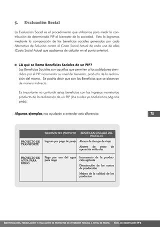 5.         Evaluación Social

         La Evaluación Social es el procedimiento que utilizamos para medir la con-
         tribución de determinado PIP al bienestar de la sociedad. Esto lo logramos
         mediante la comparación de los beneficios sociales generados por cada
         Alternativa de Solución contra el Costo Social Actual de cada una de ellas
         (Costo Social Actual que acabamos de calcular en el punto anterior).



              ¿A qué se llama Beneficios Sociales de un PIP?
              Los Beneficios Sociales son aquellos que permiten a los pobladores aten-
              didos por el PIP incrementar su nivel de bienestar, producto de la realiza-
              ción del mismo. Se podría decir que son los Beneficios que se observan
              de manera indirecta.

              Es importante no confundir estos beneficios con los ingresos monetarios
              producto de la realización de un PIP (los cuales ya analizamos páginas
              atrás).


         Algunos ejemplos nos ayudarán a entender esta diferencia:                                                                  75




                                     INGRESOS DEL PROYECTO          BENEFICIOS SOCIALES DEL
                                                                           PROYECTO

                  PROYECTO DE        Ingreso por pago de peaje     Ahorro de tiempo de viaje
                  TRANSPORTE
                                                                   Ahorro    de    costo         de
                                                                   operación vehicular


                  PROYECTO DE        Pago por uso del agua         Incremento de la produc-
                  AGUA PARA          para riego                    ción agrícola
                  RIEGO
                                                                   Disminución de los costos
                                                                   de producción

                                                                   Mejora de la calidad de los
                                                                   productos




IDENTIFICACIÓN,   FORMULACIÓN Y EVALUACIÓN DE PROYECTOS DE INVERSIÓN PÚBLICA A NIVEL DE PERFIL        GUÍA   DE ORIENTACIÓN   N°2
 