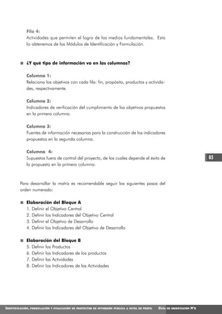 Fila 4:
             Actividades que permiten el logro de los medios fundamentales. Esto
             lo obtenemos de los Módulos de Identificación y Formulación.



             ¿Y qué tipo de información va en las columnas?

             Columna 1:
             Relaciona los objetivos con cada fila: fin, propósito, productos y activida-
             des, respectivamente.

             Columna 2:
             Indicadores de verificación del cumplimiento de los objetivos propuestos
             en la primera columna.

             Columna 3:
             Fuentes de información necesarias para la construcción de los indicadores
             propuestos en la segunda columna.

             Columna 4:
             Supuestos fuera de control del proyecto, de los cuales depende el éxito de                                        85
             lo propuesto en la primera columna.



         Para desarrollar la matriz es recomendable seguir los siguientes pasos del
         orden numerado:

             Elaboración del Bloque A
             1. Definir el Objetivo Central
             2. Definir los Indicadores del Objetivo Central
             3. Definir el Objetivo de Desarrollo
             4. Definir los Indicadores del Objetivo de Desarrollo

             Elaboración del Bloque B
             5. Definir los Productos
             6. Definir los Indicadores de los productos
             7. Definir las Actividades
             8. Definir los Indicadores de las Actividades




IDENTIFICACIÓN,   FORMULACIÓN Y EVALUACIÓN DE PROYECTOS DE INVERSIÓN PÚBLICA A NIVEL DE PERFIL   GUÍA   DE ORIENTACIÓN   N°2
 