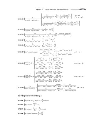 CAPÍTULO 17 • TABELAS DE INTEGRAIS INDEFINIDAS ESPECIAIS 103
17.19.22
17.19.23
17.19.24
17.19.25
17.19.26
17.19.27 [m  n]
17.19.28 [m  n, n  1]
17.19.29 [m  n, n  1]
17.19.30 [m, n  1]
20 Integrais envolvendo tg ax
17.20.1
17.20.2
17.20.3
17.20.4
 