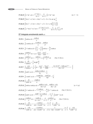MANUAL DE FÓRMULAS E TABELAS MATEMÁTICAS
110
17.26.12 [m  1]
17.26.13
17.26.14
17.26.15
27 Integrais envolvendo senh ax
17.27.1
17.27.2
17.27.3
17.27.4
17.27.5
17.27.6
17.27.7
17.27.8
17.27.9
17.27.10
17.27.11 [a p]
17.27.12
17.27.13
17.27.14
17.27.15
17.27.16
 