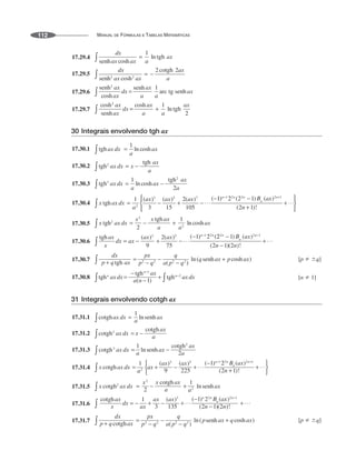 MANUAL DE FÓRMULAS E TABELAS MATEMÁTICAS
112
17.29.4
17.29.5
17.29.6
17.29.7
30 Integrais envolvendo tgh ax
17.30.1
17.30.2
17.30.3
17.30.4
17.30.5
17.30.6
17.30.7 [p  q]
17.30.8 [n  1]
31 Integrais envolvendo cotgh ax
17.31.1
17.31.2
17.31.3
17.31.4
17.31.5
17.31.6
17.31.7 [p  q]
 