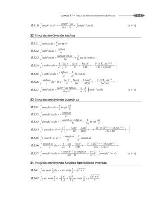 CAPÍTULO 17 • TABELAS DE INTEGRAIS INDEFINIDAS ESPECIAIS 113
17.31.8 [n  1]
32 Integrais envolvendo sech ax
17.32.1
17.32.2
17.32.3
17.32.4
17.32.5
17.32.6
17.32.7 [n  1]
33 Integrais envolvendo cosech ax
17.33.1
17.33.2
17.33.3
17.33.4
17.33.5
17.33.6
17.33.7 [n  1]
34 Integrais envolvendo funções hiperbólicas inversas
17.34.1
17.34.2
 