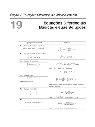 Equação diferencial Solução
19.1 Equação de variáveis separáveis
19.2 Equação linear de primeira ordem
19.3 Equação de Bernoulli
onde ␷ ⫽ y1–n
. Se n ⫽ 1, a solução é
19.4 Equação exata
onde indica que a integração é em relação a x, man-
tendo y constante.
19.5 Equação homogênea
onde ␷ ⫽ y/x. Se F(␷) ⫽ ␷, a solução é y ⫽ cx.
19.6
onde ␷ ⫽ xy. Se G(␷) ⫽ F(␷), a solução é xy ⫽ c.
Equações Diferenciais
Básicas e suas Soluções
Seção V: Equações Diferenciais e Análise Vetorial
19
 