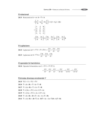CAPÍTULO 20 • FÓRMULAS DA ANÁLISE VETORIAL 131
O rotacional
20.31 Rotacional de
O Laplaciano
20.32 Laplaciano de
20.33 Laplaciano de
O operador bi-harmônico
20.34 Operador bi-harmônico em
Fórmulas diversas envolvendo ∇
20.35
20.36
20.37
20.38
20.39
20.40
20.41
 