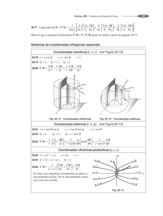 CAPÍTULO 20 • FÓRMULAS DA ANÁLISE VETORIAL 137
20.77 Laplaciano de
Observe que o operador bi-harmônico pode ser obtido a partir da equação 20.77.
Sistemas de coordenadas ortogonais especiais
Coordenadas cilíndricas (r, ␪, z) (ver Figura 20-12)
20.78
20.79
20.80
Fig. 20-12 Coordenadas cilíndricas. Fig. 20-13 Coordenadas esféricas.
Coordenadas esféricas (r, ␪, ␾) (ver Figura 20-13)
20.81
20.82
20.83
Coordenadas cilíndricas parabólicas (u, ␷, z)
20.84
20.85
20.86
Os traços das superfícies coordenadas no plano xy
são mostrados na Fig. 20-14. São parábolas confo-
cais com eixo comum.
Fig. 20-14
 