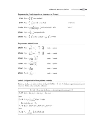 CAPÍTULO 27 • FUNÇÕES DE BESSEL 169
Representações integrais de funções de Bessel
27.98
27.99
27.100
27.101
27.102
Expansões assintóticas
27.103 onde x é grande
27.104 onde x é grande
27.105 onde n é grande
27.106 onde n é grande
27.107 onde x é grande
27.108 onde x é grande
Séries ortogonais de funções de Bessel
Sejam as raízes positivas de Então, as seguintes expansões em
séries são obtidas sob as condições indicadas.
ou seja, são raízes positivas de
27.109
onde
27.110
Em particular, se n  0,
27.111
onde
27.112
 