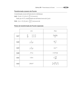 CAPÍTULO 34 • TRANSFORMADAS DE FOURIER 203
Transformada cosseno de Fourier
A transformada cosseno de Fourier de f(x) é definida por
34.15
Então, por 34.15, a transformada seno de Fourier inversa de é
34.16
Pares de transformada de Fourier especiais
34.17
34.18
34.19
34.20
34.21
34.22
 