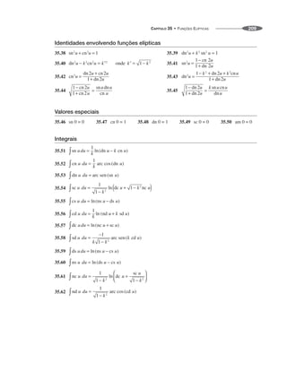 CAPÍTULO 35 • FUNÇÕES ELÍPTICAS 209
Identidades envolvendo funções elípticas
35.38 35.39
35.40 35.41
35.42 35.43
35.44 35.45
Valores especiais
35.46 35.47 35.48 35.49 35.50
Integrais
35.51
35.52
35.53
35.54
35.55
35.56
35.57
35.58
35.59
35.60
35.61
35.62
 