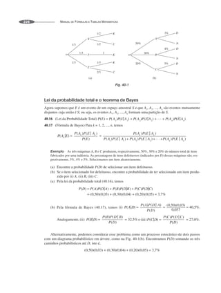 MANUAL DE FÓRMULAS E TABELAS MATEMÁTICAS
228
K
K
K
C
C
X
Y
Z
A
B
C
D
D
D
N
N
N
Fig. 40-1
Lei da probabilidade total e o teorema de Bayes
Agora supomos que E é um evento de um espaço amostral S e que A1, A2, ..., An são eventos mutuamente
disjuntos cuja união é S; ou seja, os eventos A1, A2, ..., An formam uma partição de S.
40.16 (Lei da Probabilidade Total)
40.17 (Fórmula de Bayes) Para k = 1, 2, ..., n, temos
Exemplo As três máquinas A, B e C produzem, respectivamente, 50%, 30% e 20% do número total de itens
fabricados por uma indústria. As percentagens de itens defeituosos (indicados por D) dessas máquinas são, res-
pectivamente, 3%, 4% e 5%. Selecionamos um item aleatoriamente.
(a) Encontre a probabilidade P(D) de selecionar um item defeituoso.
(b) Se o item selecionado for defeituoso, encontre a probabilidade de ter selecionado um item produ-
zido por (i) A, (ii) B, (iii) C.
(a) Pela lei da probabilidade total (40.16), temos
(b) Pela fórmula de Bayes (40.17), temos
Analogamente, e .
Alternativamente, podemos considerar esse problema como um processo estocástico de dois passos
com um diagrama probabilístico em árvore, como na Fig. 40-1(b). Encontramos P(D) somando os três
caminhos probabilísticos até D, isto é,
 