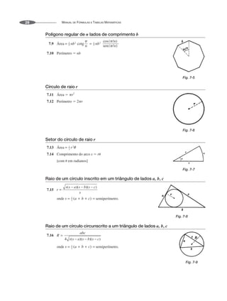 MANUAL DE FÓRMULAS E TABELAS MATEMÁTICAS
28
Polígono regular de n lados de comprimento b
7.9 Área
7.10 Perímetro  nb
Círculo de raio r
7.11 Área  r
2
7.12 Perímetro  2r
Setor do círculo de raio r
7.13 Área
7.14 Comprimento do arco s  r
[com  em radianos]
Raio de um círculo inscrito em um triângulo de lados a, b, c
7.15
onde semiperímetro.
Raio de um círculo circunscrito a um triângulo de lados a, b, c
7.16
onde semiperímetro.
Fig. 7-5
Fig. 7-6
Fig. 7-7
Fig. 7-8
Fig. 7-9
 