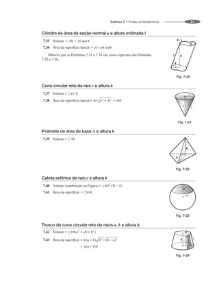 CAPÍTULO 7 • FÓRMULAS GEOMÉTRICAS 31
Cilindro de área de seção normal a e altura inclinada l
7.35 Volume  Ah  Al sen 
7.36 Área da superfície lateral  pl = ph sen
Observe que as Fórmulas 7.31 a 7.34 são casos especiais das Fórmulas
7.35 e 7.36.
Cone circular reto de raio r e altura h
7.37 Volume
7.38 Área da superfície lateral
Pirâmide de área de base A e altura h
7.39 Volume
Calota esférica de raio r e altura h
7.40 Volume (sombreado na Figura)
7.41 Área da superfície  2rh
Tronco de cone circular reto de raios a, b e altura h
7.42 Volume
7.43 Área da superfície
Fig. 7-20
Fig. 7-21
Fig. 7-22
Fig. 7-23
Fig. 7-24
 