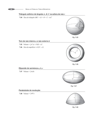 MANUAL DE FÓRMULAS E TABELAS MATEMÁTICAS
32
Triângulo esférico de ângulos A, B, C na esfera de raio r
7.44 Área do triângulo ABC  (A  B  C – )r2
Toro de raio interno a e raio externo b
7.45 Volume
7.46 Área da superfície
Elipsoide de semieixos a, b, c
7.47 Volume
Paraboloide de revolução
7.48 Volume
Fig. 7-25
Fig. 7-26
Fig. 7-27
Fig. 7-28
 