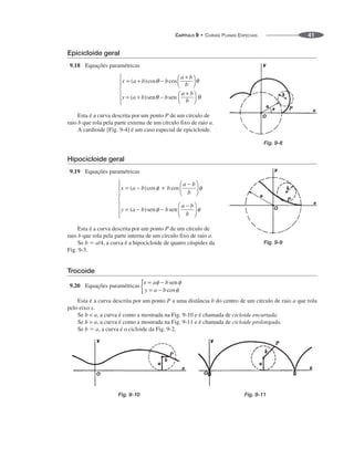 CAPÍTULO 9 • CURVAS PLANAS ESPECIAIS 41
Epicicloide geral
9.18 Equações paramétricas
Esta é a curva descrita por um ponto P de um círculo de
raio b que rola pela parte externa de um círculo fixo de raio a.
A cardioide [Fig. 9-4] é um caso especial de epicicloide.
Hipocicloide geral
9.19 Equações paramétricas
Esta é a curva descrita por um ponto P de um círculo de
raio b que rola pela parte interna de um círculo fixo de raio a.
Se b  a/4, a curva é a hipocicloide de quatro cúspides da
Fig. 9-3.
Trocoide
9.20 Equações paramétricas
Esta é a curva descrita por um ponto P a uma distância b do centro de um círculo de raio a que rola
pelo eixo x.
Se b  a, a curva é como a mostrada na Fig. 9-10 e é chamada de cicloide encurtada.
Se b  a, a curva é como a mostrada na Fig. 9-11 e é chamada de cicloide prolongada.
Se b  a, a curva é o cicloide da Fig. 9-2.
Fig. 9-10 Fig. 9-11
Fig. 9-8
Fig. 9-9
 