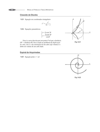 MANUAL DE FÓRMULAS E TABELAS MATEMÁTICAS
44
Cissoide de Diocles
9.33 Equação em coordenadas retangulares
9.34 Equações paramétricas
Esta é a curva descrita por um ponto P tal que a distância
OP  distância RS. Isto é usado no problema da duplicação
do cubo, isto é, o da construção de um cubo cujo volume é o
dobro do volume de um cubo dado.
Espiral de Arquimedes
9.35 Equação polar r  a
Fig. 9-21
Fig. 9-22
 
