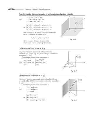 MANUAL DE FÓRMULAS E TABELAS MATEMÁTICAS
48
Transformação de coordenadas envolvendo translação e rotação
10.17
onde a origem O′ do sistema x′y′z′ tem coordenadas
(x0, y0, z0) relativas ao sistema xyz e
l1, m1, n1; l2, m2, n2; l3, m3, n3
são os cossenos diretores dos eixos x′y′z′
relativos aos eixos x, y e z, respectivamente.
Coordenadas cilíndricas (r, ␪, z)
Um ponto P pode ser determinado pelas coordenadas
cilíndricas (r,  , z) [ver Fig. 10-7] bem como por coordenadas
retangulares (x, y, z).
A transformação entre essas coordenadas é
10.18
Coordenadas esféricas (r, ␪ , ␾)
Um ponto P pode ser determinado por coordenadas esféricas
(r,  , ) [ver Fig. 10-8] bem como por coordenadas retangulares
(x, y, z).
A transformação entre essas coordenadas é
10.19
Fig. 10-6
Fig. 10-7
Fig. 10-8
 