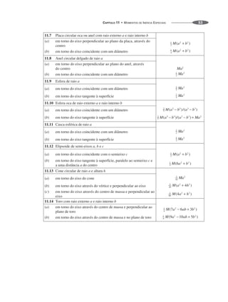 CAPÍTULO 11 • MOMENTOS DE INÉRCIA ESPECIAIS 53
11.7 Placa circular oca ou anel com raio externo a e raio interno b
(a) em torno do eixo perpendicular ao plano da placa, através do
centro
(b) em torno do eixo coincidente com um diâmetro
11.8 Anel circular delgado de raio a
(a) em torno do eixo perpendicular ao plano do anel, através
do centro
(b) em torno do eixo coincidente com um diâmetro
11.9 Esfera de raio a
(a) em torno do eixo coincidente com um diâmetro
(b) em torno do eixo tangente à superfície
11.10 Esfera oca de raio externo a e raio interno b
(a) em torno do eixo coincidente com um diâmetro
(b) em torno do eixo tangente à superfície
11.11 Casca esférica de raio a
(a) em torno do eixo coincidente com um diâmetro
(b) em torno do eixo tangente à superfície
11.12 Elipsoide de semi-eixos a, b e c
(a) em torno do eixo coincidente com o semieixo c
(b) em torno do eixo tangente à superfície, paralelo ao semieixo c e
a uma distância a do centro
11.13 Cone circular de raio a e altura h
(a) em torno do eixo do cone
(b) em torno do eixo através do vértice e perpendicular ao eixo
(c) em torno do eixo através do centro de massa e perpendicular ao
eixo
11.14 Toro com raio externo a e raio interno b
(a) em torno do eixo através do centro de massa e perpendicular ao
plano de toro
(b) em torno do eixo através do centro de massa e no plano de toro
 