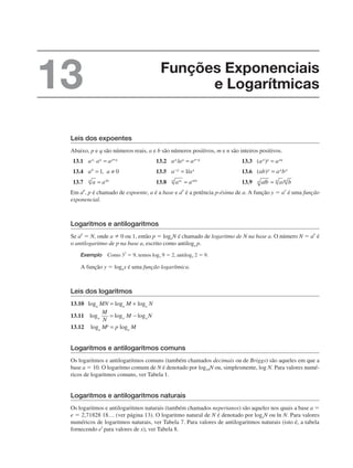 Leis dos expoentes
Abaixo, p e q são números reais, a e b são números positivos, m e n são inteiros positivos.
13.1 13.2 13.3
13.4 13.5 13.6
13.7 13.8 13.9
Em a
p
, p é chamado de expoente, a é a base e a
p
é a potência p-ésima de a. A função y ⫽ a
x
é uma função
exponencial.
Logaritmos e antilogaritmos
Se ap
⫽ N, onde a ⫽ 0 ou 1, então p ⫽ logaN é chamado de logaritmo de N na base a. O número N ⫽ ap
é
o antilogaritmo de p na base a, escrito como antiloga p.
Exemplo Como 32
⫽ 9, temos log3 9 ⫽ 2, antilog3 2 ⫽ 9.
A função y ⫽ logax é uma função logarítmica.
Leis dos logaritmos
13.10
13.11
13.12
Logaritmos e antilogaritmos comuns
Os logaritmos e antilogaritmos comuns (também chamados decimais ou de Briggs) são aqueles em que a
base a ⫽ 10. O logaritmo comum de N é denotado por log10N ou, simplesmente, log N. Para valores numé-
ricos de logaritmos comuns, ver Tabela 1.
Logaritmos e antilogaritmos naturais
Os logaritmos e antilogaritmos naturais (também chamados neperianos) são aqueles nos quais a base a ⫽
e ⫽ 2,71828 18… (ver página 13). O logaritmo natural de N é denotado por logeN ou ln N. Para valores
numéricos de logaritmos naturais, ver Tabela 7. Para valores de antilogaritmos naturais (isto é, a tabela
fornecendo e
x
para valores de x), ver Tabela 8.
Funções Exponenciais
e Logarítmicas
13
 