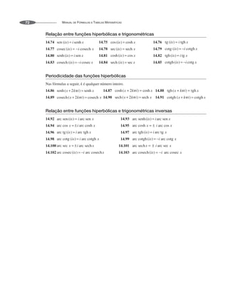MANUAL DE FÓRMULAS E TABELAS MATEMÁTICAS
72
Relação entre funções hiperbólicas e trigonométricas
14.74 14.75 14.76
14.77 14.78 14.79
14.80 14.81 14.82
14.83 14.84 14.85
Periodicidade das funções hiperbólicas
Nas fórmulas a seguir, k é qualquer número inteiro.
14.86 14.87 14.88
14.89 14.90 14.91
Relação entre funções hiperbólicas e trigonométricas inversas
14.92 14.93
14.94 14.95
14.96 14.97
14.98 14.99
14.100 14.101
14.102 arc cosech 14.103
 