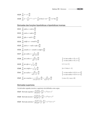 CAPÍTULO 15 • DERIVADAS 75
15.29
15.30
Derivadas das funções hiperbólicas e hiperbólicas inversas
15.31
15.32
15.33
15.34
15.35
15.36
15.37
15.38
15.39
15.40
15.41
15.42
Derivadas superiores
As derivadas segunda, terceira e superiores são definidas como segue.
15.43 Derivada segunda
15.44 Derivada terceira
15.45 Derivada enésima
 