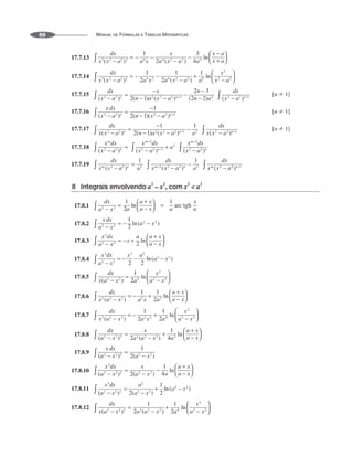MANUAL DE FÓRMULAS E TABELAS MATEMÁTICAS
88
17.7.13
17.7.14
17.7.15 [n  1]
17.7.16 [n  1]
17.7.17 [n  1]
17.7.18
17.7.19
8 Integrais envolvendo a
2
– x
2
, com x
2
 a
2
17.8.1
17.8.2
17.8.3
17.8.4
17.8.5
17.8.6
17.8.7
17.8.8
17.8.9
17.8.10
17.8.11
17.8.12
 