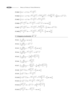 MANUAL DE FÓRMULAS E TABELAS MATEMÁTICAS
92
17.10.23
17.10.24
17.10.25
17.10.26
17.10.27
17.10.28
11 Integrais envolvendo
17.11.1
17.11.2
17.11.3
17.11.4
17.11.5
17.11.6
17.11.7
17.11.8
17.11.9
17.11.10
17.11.11
17.11.12
17.11.13
 
