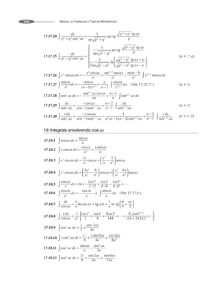 MANUAL DE FÓRMULAS E TABELAS MATEMÁTICAS
100
17.17.24
17.17.25 [p   q]
17.17.26
17.17.27 [n  1]
17.17.28
17.17.29 [n  1]
17.17.30 [n  1, 2]
18 Integrais envolvendo cos ax
17.18.1
17.18.2
17.18.3
17.18.4
17.18.5
17.18.6
17.18.7
17.18.8
17.18.9
17.18.10
17.18.11
17.18.12
 