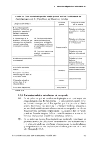 5   Medición del personal dedicado a I+D




    Cuadro 5.2. Clave normalizada para los niveles y clases de la ISCED del Manual de
    Frascati para personal de I+D clasificado por titulaciones formales

                                                                     Cobertura         Categorías de perso-
  Categorías de la ISCED-97                                           general            nal de la OCDE

 6. Segunda etapa de la
 enseñanza universitaria, que                                                       Titulados con diplomas
 proporciona la titulación                                                          universitarios a nivel de
 necesaria para realizar                                                            doctor
 investigación avanzada
 5. Primera etapa de la         5A. Estudios universitarios                         Titulados con diplomas
 enseñanza universitaria, que   de carácter teórico que                             universitarios inferiores
 no proporciona la titulación   proporcionan la titulación                          al nivel de doctor.
 necesaria para realizar        necesaria para participar en
 investigación avanzada.        programas de investigación
                                avanzada.                          Postsecundaria

                                5B. Programas orientados a                          Titulados con otros
                                prácticas u ocupaciones                             diplomas universitarios
                                específicas

 4. Enseñanza postsecundaria                                                        Titulados con otros
 no universitaria                                                                   diplomas
                                                                                    postsecundarios de
                                                                                    rango no universitario

 3. Educación secundaria                                                            Titulados con diplomas
 superior                                                                           de estudios secundarios
                                                                    Secundaria
 2. Educación secundaria
 inferior o segunda etapa de
 la educación básica
                                                                                    Otras titulaciones
 1. Educación primaria o                                              Primaria
 primera etapa de la
 educación básica

 0. Educación pre-primaria                                          Pre-primaria
    Fuente: OCDE


        5.2.5. Tratamiento de los estudiantes de postgrado
        319. En los países en que los estudiantes de postgrado no constituyen una
               categoría reconocida del personal de I+D suelen incluirse como perso-
               nal docente a tiempo parcial. Eso significa que si se procede al cálculo
               general de personal y de gastos de I+D bien por medio de encuestas o
               por medio de coeficientes en el sector enseñanza superior, sus niveles
               de equivalencia a jornada completa para I+D, sus costes de I+D y el ori-
               gen de su financiación para I+D, se contabilizan como si se tratara de
               personal empleado en el centro de enseñanza superior.
        320. En los países en los que los estudiantes de postgrado constituyen un
             grupo reconocido, las dificultades para establecer una frontera entre la
             I+D y las actividades de enseñanza y formación de los postgraduados
             (y sus profesores), se han explicado, en términos generales, en el capí-
             tulo 2 (apartado 2.3.2).


Manual de Frascati 2002- ISBN 84-688-2888-2 - © OCDE 2003                                                 103
 
