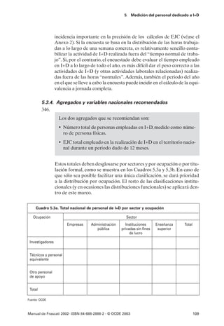 5    Medición del personal dedicado a I+D




                  incidencia importante en la precisión de los cálculos de EJC (véase el
                  Anexo 2). Si la encuesta se basa en la distribución de las horas trabaja-
                  das a lo largo de una semana concreta, es relativamente sencillo conta-
                  bilizar la actividad de I+D realizada fuera del “tiempo normal de traba-
                  jo”. Si, por el contrario, el encuestado debe evaluar el tiempo empleado
                  en I+D a lo largo de todo el año, es más difícil dar el peso correcto a las
                  actividades de I+D (y otras actividades laborales relacionadas) realiza-
                  das fuera de las horas “normales”. Además, también el periodo del año
                  en el que se lleve a cabo la encuesta puede incidir en el cálculo de la equi-
                  valencia a jornada completa.

         5.3.4. Agregados y variables nacionales recomendados
         346.
                    Los dos agregados que se recomiendan son:
                    • Número total de personas empleadas en I+D, medido como núme-
                       ro de persona físicas.
                    • EJC total empleado en la realización de I+D en el territorio nacio-
                       nal durante un periodo dado de 12 meses.


                  Estos totales deben desglosarse por sectores y por ocupación o por titu-
                  lación formal, como se muestra en los Cuadros 5.3a y 5.3b. En caso de
                  que sólo sea posible facilitar una única clasificación, se dará prioridad
                  a la distribución por ocupación. El resto de las clasificaciones institu-
                  cionales (y en ocasiones las distribuciones funcionales) se aplicará den-
                  tro de este marco.


     Cuadro 5.3a. Total nacional de personal de I+D por sector y ocupación

   Ocupación                                             Sector
                         Empresas    Administración      Instituciones     Enseñanza    Total
                                        pública       privadas sin fines    superior
                                                           de lucro

 Investigadores


 Técnicos y personal
 equivalente


 Otro personal
 de apoyo


 Total

Fuente: OCDE



Manual de Frascati 2002- ISBN 84-688-2888-2 - © OCDE 2003                                       109
 