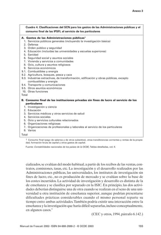 Anexo 3




    Cuadro 4. Clasificaciones del SCN para los gastos de las Administraciones públicas y el
    consumo final de las IPSFL al servicio de los particulares

 A. Gastos de las Administraciones públicas1
   1. Servicios públicos generales (incluyendo la investigación básica)
   2. Defensa
   3. Orden público y seguridad
   4. Educación (incluidas las universidades y escuelas superiores)
   5. Sanidad
   6. Seguridad social y asuntos sociales
   7. Vivienda y servicios a comunidades
   8. Ocio, cultura y asuntos religiosos
   9. Servicios económicos
 9.1. Combustibles y energía
 9.2. Agricultura, bosques, pesca y caza
 9.3. Industrias extractivas, de transformación, edificación y obras públicas, excepto
       combustibles y energía
 9.4. Transporte y comunicaciones
 9.5. Otros asuntos económicos
  10. Otras funciones
 Total
 B. Consumo final de las instituciones privadas sin fines de lucro al servicio de los
    particulares
   1. Investigación y ciencia
   2. Educación
   3. Servicios médicos y otros servicios de salud
   4. Servicios sociales
   5. Ocio y servicios culturales relacionados
   6. Organizaciones religiosas
   7. Organizaciones de profesionales y laborales al servicio de los particulares
   8. Varios
 Total
    1 Consumo final (pago de salarios y de otros subsidios), otras transferencias corrientes y rentas de la propie-
    dad, formación bruta de capital y otros gastos de capital.
    Fuente: Contabilidades nacionales de los países de la OCDE, Tablas detalladas, vol. II.




    cializados, se evalúan del modo habitual, a partir de los recibos de las ventas, con-
    tratos, comisiones, tasas, etc. La investigación y el desarrollo realizados por las
    Administraciones públicas, las universidades, los institutos de investigación sin
    fines de lucro, etc., no es producción de mercado y se evalúan sobre la base de
    los costes incurridos. La actividad de investigación y desarrollo es distinta de la
    de enseñanza y se clasifica por separado en la ISIC. En principio, las dos activi-
    dades deberían distinguirse una de otra cuando se realizan en el seno de una uni-
    versidad u otra institución de enseñanza superior, aunque podrían presentarse
    dificultades prácticas considerables cuando el mismo personal reparte su
    tiempo entre ambas actividades. También podría existir una interacción entre la
    enseñanza y la investigación que haría difícil separarlas, incluso conceptualmente,
    en algunos casos.”
                                                    (CEC y otros, 1994, párrafo 6.142.)


Manual de Frascati 2002- ISBN 84-688-2888-2 - © OCDE 2003                                                     193
 