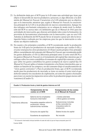 Anexo 3




23. La definición dada por el SCN para la I+D como una actividad que tiene por
    objeto el desarrollo de nuevos productos y procesos, es algo diferente a la defi-
    nición del Manual de Frascati. Caracteriza a la I+D solamente por su objetivo,
    que es la innovación, mientras que, según el Manual de Frascati, la caracterís-
    tica principal de la I+D es la producción de nuevos conocimientos. Aunque los
    dos enfoques son bastante semejantes, no se solapan de modo total. La defini-
    ción del SCN se acerca más a la definición que da el Manual de Oslo para las
    actividades de innovación, que abarcan actividades tales como la formación y la
    provisión de herramientas relacionadas con la innovación y que no son I+D.
    Además, la definición del SCN puede llevar al usuario a pasar por alto la inves-
    tigación básica realizada por las empresas, para las que la innovación es sola-
    mente un objetivo indirecto.
24. En cuanto a los principios contables, el SCN recomienda medir la producción
    bruta de I+D para los productores de mercado (empresas que venden I+D), y
    el coste total para los otros productores (I+D por cuenta propia). Este principio
    difiere esencialmente del concepto del Manual de Frascati, que recomienda medir
    los gastos dedicados a I+D. La diferencia principal entre el coste total (SCN) y
    los gastos (Manual de Frascati) es el tratamiento del capital fijo: mientras que el
    enfoque sobre los costes contabiliza el consumo de capital fijo existente, el enfo-
    que sobre los gastos contabiliza los gastos (compra) de nuevo capital fijo. El
    Manual de Frascati aplica el mismo tratamiento a los bienes intermedios, que se
    miden en función de las compras y no del consumo (bajo el encabezamiento de
    “otros gastos corrientes”). Para la producción bruta, que el SCN recomienda
    medir para los productores de mercado, se tiene en cuenta el coste total al que
    deberán sumarse los excedentes de explotación, así como los ajustes efectuados
    para tener en cuenta los impuestos netos sobre la producción (pagos menos sub-
    venciones) (Cuadro 5).


      Cuadro 5. Producción bruta y total de gastos internos en I+D

                                Componentes de los                    Componentes de los costes
                                costes en el SCN                      en el Manual de Frascati


 Cobertura similar             Salarios de los empleados               = Costes salariales
                               Consumo intermedio1                     = Otros gastos corrientes

 Tratamiento diferente         Impuestos pagados sobre la              Subvenciones incluidas
                               producción, menos                       arriba; excluidos los
                               subvenciones recibidas                  impuestos sobre la
                                                                       producción

                               Consumo de capital fijo                 Gastos brutos de capital

                               Excedente de explotación                No incluido

      1 El consumo intermedio incluye también el coste de todo lo que se haya comprado para I+D

      Fuente: OCDE




194                                          Manual de Frascati 2002- ISBN 84-688-2888-2 - © OCDE 2003
 