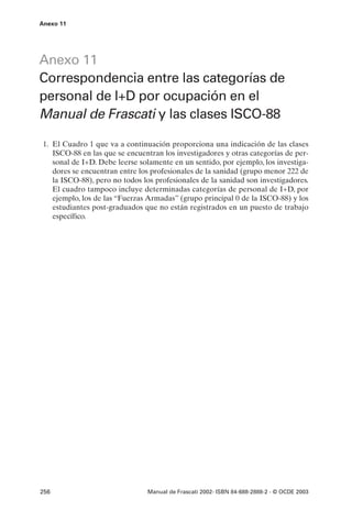 Anexo 11




Anexo 11
Correspondencia entre las categorías de
personal de I+D por ocupación en el
Manual de Frascati y las clases ISCO-88

 1. El Cuadro 1 que va a continuación proporciona una indicación de las clases
    ISCO-88 en las que se encuentran los investigadores y otras categorías de per-
    sonal de I+D. Debe leerse solamente en un sentido, por ejemplo, los investiga-
    dores se encuentran entre los profesionales de la sanidad (grupo menor 222 de
    la ISCO-88), pero no todos los profesionales de la sanidad son investigadores.
    El cuadro tampoco incluye determinadas categorías de personal de I+D, por
    ejemplo, los de las “Fuerzas Armadas” (grupo principal 0 de la ISCO-88) y los
    estudiantes post-graduados que no están registrados en un puesto de trabajo
    específico.




256                             Manual de Frascati 2002- ISBN 84-688-2888-2 - © OCDE 2003
 