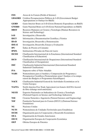 Acrónimos




FOS            Areas de la Ciencia (Fields of Science)
GBAORD Créditos Presupuestarios Públicos de I+D (Government Budget
       Appropiations or Outlays for R&D)
GERD           Gasto Interior Bruto en I+D (Gross Domestic Expenditure on R&D)
GNERD          Gasto Nacional Bruto en I+D (Gross National Expenditure on R&D)
HRST           Recursos Humanos en Ciencia y Tecnologia (Human Resources in
               Science and Technology)
I+D            Investigación y Desarrollo
IDCT           Información y Documentación Científica y Técnica
ID+D           Investigación, Desarrollo y Demostración
IDE+E          Investigación, Desarrollo, Ensayo y Evaluación
IPC            Índice de Precios al Consumo
IPSFL          Instituciones Privadas sin Fines de Lucro
ISCED          Clasificación Internacional de la Enseñanza (International Standard
               Classification of Education)
ISCO           Clasificación Internacional de Ocupaciones (International Standard
               Classificafion of Occupations)
ISIC           Clasificación Industrial Internacional (International Standard
               Industrial Clasification)
IVA            Impuesto sobre el Valor Añadido
NABS           Nomenclatura para el Análisis y Comparación de Programas y
               Presupuestos Científicos (Nomenclature pour l´Analyse et la compa-
               raison des Budgets et Programmes Scientifiques)
NACE           Clasificación Industrial General de Actividades Económicas en la
               Unión Europea
NAFTA          North America Free Trade Agreement (en francés ALENA Accord
               de libre-échange nord-américain)
NESTI          Expertos Nacionales en Indicadores de Ciencia y Tecnología
               (National Experts on Science and Technology Indicators)
NSE            Ciencias Naturales e Ingeniería (Natural Sciences and Engineering)
NSF            Fundación Nacional para la Ciencia (EEUU) (National Science
               Foundation)
NU             Naciones Unidas
NUTS           Nomenclatura de Unidades Territoriales para Estadísticas
OCDE           Organización para la Cooperación y Desarrollo Económicos
OEA            Organización de Estados Americanos
OECE           Organización Europea de Cooperación Económica
OEP            Oficina Europea de Patentes


Manual de Frascati 2002- ISBN 84-688-2888-2 - © OCDE 2003                         259
 