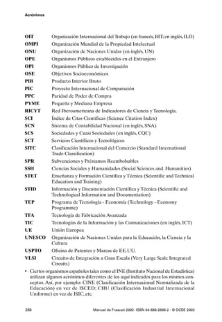 Acrónimos




OIT          Organización Internacional del Trabajo (en francés, BIT; en inglés, ILO)
OMPI         Organización Mundial de la Propiedad Intelectual
ONU          Organización de Naciones Unidas (en inglés, UN)
OPE          Organismos Públicos establecidos en el Extranjero
OPI          Organismos Público de Investigación
OSE          Objetivos Socioeconómicos
PIB          Producto Interior Bruto
PIC          Proyecto Internacional de Comparación
PPC          Paridad de Poder de Compra
PYME         Pequeña y Mediana Empresa
RICYT        Red Iberoamericana de Indicadores de Ciencia y Tecnología.
SCI          Índice de Citas Científicas (Science Citation Index)
SCN          Sistema de Contabilidad Nacional (en inglés, SNA)
SCS          Sociedades y Cuasi Sociedades (en inglés, CQC)
SCT          Servicios Científicos y Tecnológicos
SITC         Clasificación Internacional del Comercio (Standard International
             Trade Classification)
SPR          Subvenciones y Préstamos Reembolsables
SSH          Ciencias Sociales y Humanidades (Social Sciences and. Humanities)
STET         Enseñanza y Formación Científica y Técnica (Scientific and Technical
             Education and Training)
STID         Información y Documentación Científica y Técnica (Scientific and
             Technological Information and Documentation)
TEP          Programa de Tecnología - Economía (Technology - Economy
             Programme)
TFA          Tecnología de Fabricación Avanzada
TIC          Tecnologías de la Información y las Comunicaciones (en inglés, ICT)
UE           Unión Europea
UNESCO       Organización de Naciones Unidas para la Educación, la Ciencia y la
             Cultura
USPTO        Oficina de Patentes y Marcas de EE.UU.
VLSI         Circuito de Integración a Gran Escala (Very Large Scale Integrated
             Circuits)
• Ciertos organismos españoles tales como el INE (Instituto Nacional de Estadística)
  utilizan algunos acrónimos diferentes de los aquí indicados para los mismos con-
  ceptos. Así, por ejemplo: CINE (Clasificación Internacional Normalizada de la
  Educación) en vez de ISCED; CIIU (Clasificación Industrial Internacional
  Uniforme) en vez de ISIC, etc.


260                              Manual de Frascati 2002- ISBN 84-688-2888-2 - © OCDE 2003
 