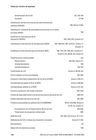 Índice por número de apartado




      Identificación de la I+D                                                      25, 133-134
      Inclusión                                                                           27-28

Clasificación de las funciones de las administraciones
públicas (COFOG)                                                              188, Anexo 3 (20)

Clasificación industrial de actividades económicas en la Unión
Europea (NACE)                                                                              169

Clasificación Internacional de la
Educación (ISCED)                                                     297, 305, 323, Cuadro 5.2

Clasificación Internacional de Ocupaciones (ISCO)         297, 300-301, 307, 310-311, Anexo 11
                                                                                     (Cuadro 1)

Clasificación Internacional para la Industria (ISIC)         169, 174-176, 189, 261, Cuadro 3.1,
                                                              Anexo 4 (14, 36-38, 43, Cuadro 2)

Clasificaciones institucionales                                                             152
      Sectorización                                                         156-162, Figura 3.1
      Unidad declarante                                                                     153
      Unidad estadística                                                                154-155

Coeficientes de I+D                                                         Anexo 2 (48-49, 54)

Cómo trabajar con los encuestados                                                       451-462

Consumo intermedio (tratamiento de la I+D en el SCN)                            Anexo 3 (26-27)

Contabilidad de gastos (I+D en el SCN)                                          Anexo 3 (28-30)

Contabilidades satélite en el SCN                                               Anexo 3 (31-32)

Control y protección del medio ambiente                                                285, 505

Costes de seguridad social y de pensiones para el personal de I+D                       369-370

Costes salariales del personal de I+D                                                   361-363

Créditos presupuestarios públicos de I+D (GBAORD)                      53-57, 474-496, Anexo 4
                                                                            (8-10, 13, Cuadro 1)
      Comparación con el Gasto Interior Bruto en I+D                                    520-526
      Tratamiento de proyectos multianuales                                                 495

Defensa (I+D)                                                     281-284, 515, Anexo 10 (1-41)

Deflactores de I+D e índices de conversión monetaria                             Anexo 9 (1-39)

Demostración                                                                                 23

Desarrollo de sistemas sociales                                                             109



266                                     Manual de Frascati 2002- ISBN 84-688-2888-2 - © OCDE 2003
 