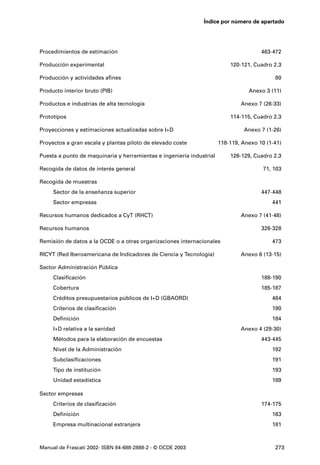 Índice por número de apartado




Procedimientos de estimación                                                          463-472

Producción experimental                                                   120-121, Cuadro 2.3

Producción y actividades afines                                                            80

Producto interior bruto (PIB)                                                    Anexo 3 (11)

Productos e industrias de alta tecnología                                     Anexo 7 (26-33)

Prototipos                                                                114-115, Cuadro 2.3

Proyecciones y estimaciones actualizadas sobre I+D                             Anexo 7 (1-26)

Proyectos a gran escala y plantas piloto de elevado coste             118-119, Anexo 10 (1-41)

Puesta a punto de maquinaria y herramientas e ingeniería industrial       126-129, Cuadro 2.3

Recogida de datos de interés general                                                   71, 103

Recogida de muestras
     Sector de la enseñanza superior                                                  447-448
     Sector empresas                                                                      441

Recursos humanos dedicados a CyT (RHCT)                                       Anexo 7 (41-48)

Recursos humanos                                                                      326-328

Remisión de datos a la OCDE o a otras organizaciones internacionales                      473

RICYT (Red Iberoamericana de Indicadores de Ciencia y Tecnología)             Anexo 6 (13-15)

Sector Administración Pública
     Clasificación                                                                    188-190
     Cobertura                                                                        185-187
     Créditos presupuestarios públicos de I+D (GBAORD)                                    484
     Criterios de clasificación                                                           190
     Definición                                                                           184
     I+D relativa a la sanidad                                                Anexo 4 (29-30)
     Métodos para la elaboración de encuestas                                         443-445
     Nivel de la Administración                                                           192
     Subclasificaciones                                                                   191
     Tipo de institución                                                                  193
     Unidad estadística                                                                   189

Sector empresas
     Criterios de clasificación                                                       174-175
     Definición                                                                           163
     Empresa multinacional extranjera                                                     181



Manual de Frascati 2002- ISBN 84-688-2888-2 - © OCDE 2003                                  273
 