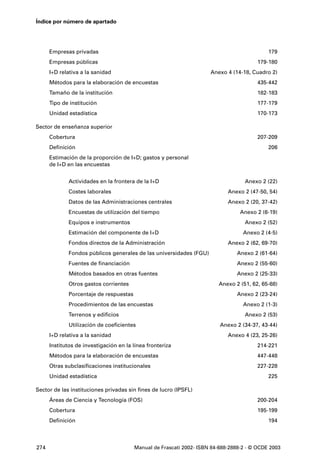 Índice por número de apartado




      Empresas privadas                                                                     179
      Empresas públicas                                                                 179-180
      I+D relativa a la sanidad                                      Anexo 4 (14-18, Cuadro 2)
      Métodos para la elaboración de encuestas                                          435-442
      Tamaño de la institución                                                          182-183
      Tipo de institución                                                               177-179
      Unidad estadística                                                                170-173

Sector de enseñanza superior
      Cobertura                                                                         207-209
      Definición                                                                            206
      Estimación de la proporción de I+D; gastos y personal
      de I+D en las encuestas


             Actividades en la frontera de la I+D                                  Anexo 2 (22)
             Costes laborales                                               Anexo 2 (47-50, 54)
             Datos de las Administraciones centrales                        Anexo 2 (20, 37-42)
             Encuestas de utilización del tiempo                                 Anexo 2 (6-19)
             Equipos e instrumentos                                                Anexo 2 (52)
             Estimación del componente de I+D                                     Anexo 2 (4-5)
             Fondos directos de la Administración                           Anexo 2 (62, 69-70)
             Fondos públicos generales de las universidades (FGU)               Anexo 2 (61-64)
             Fuentes de financiación                                            Anexo 2 (55-60)
             Métodos basados en otras fuentes                                   Anexo 2 (25-33)
             Otros gastos corrientes                                    Anexo 2 (51, 62, 65-68)
             Porcentaje de respuestas                                           Anexo 2 (23-24)
             Procedimientos de las encuestas                                      Anexo 2 (1-3)
             Terrenos y edificios                                                  Anexo 2 (53)
             Utilización de coeficientes                                 Anexo 2 (34-37, 43-44)
      I+D relativa a la sanidad                                             Anexo 4 (23, 25-26)
      Institutos de investigación en la línea fronteriza                                214-221
      Métodos para la elaboración de encuestas                                          447-448
      Otras subclasificaciones institucionales                                          227-228
      Unidad estadística                                                                    225

Sector de las instituciones privadas sin fines de lucro (IPSFL)
      Áreas de Ciencia y Tecnología (FOS)                                               200-204
      Cobertura                                                                         195-199
      Definición                                                                            194



274                                     Manual de Frascati 2002- ISBN 84-688-2888-2 - © OCDE 2003
 