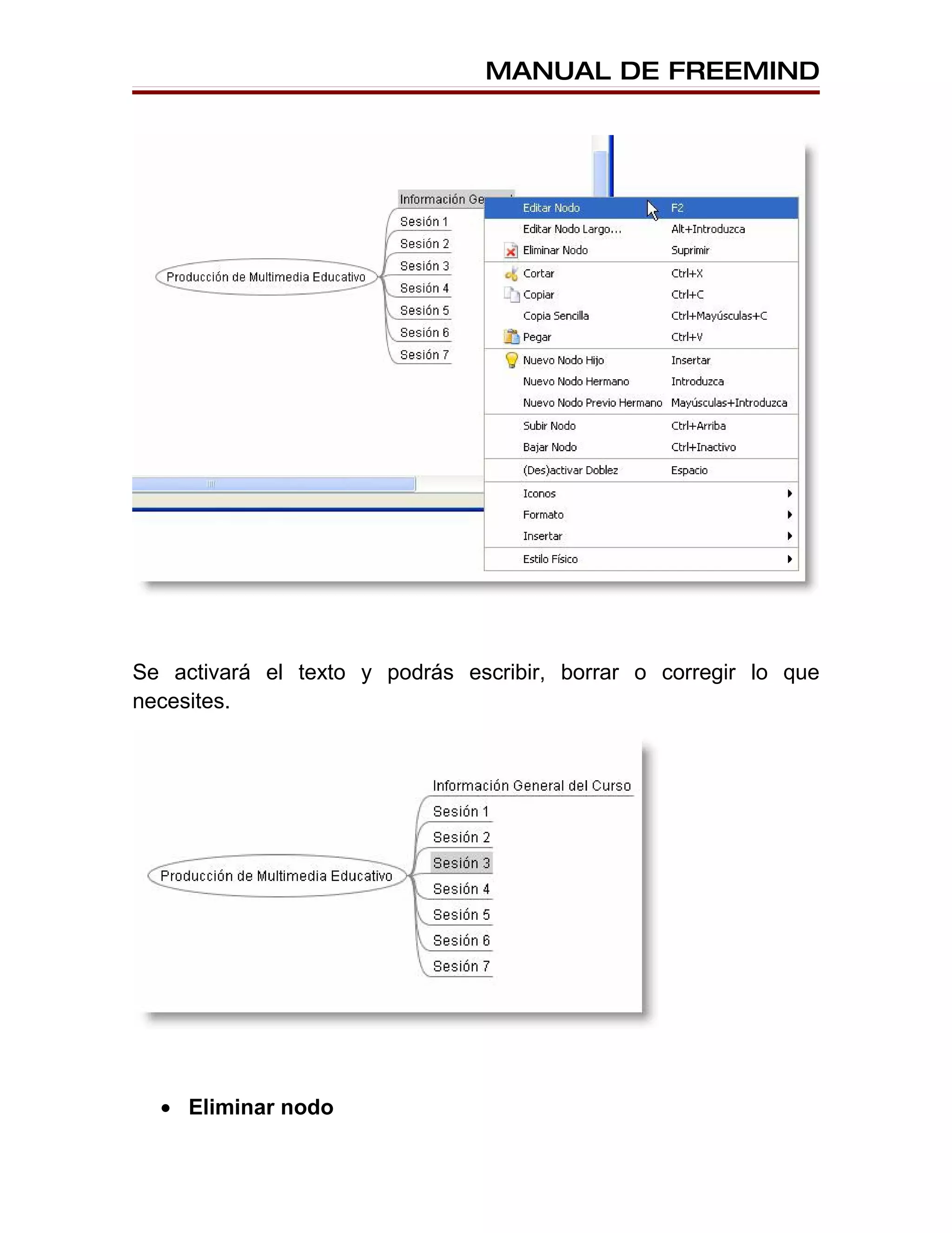 MANUAL DE FREEMIND




Se activará el texto y podrás escribir, borrar o corregir lo que
necesites.




  • Eliminar nodo
 