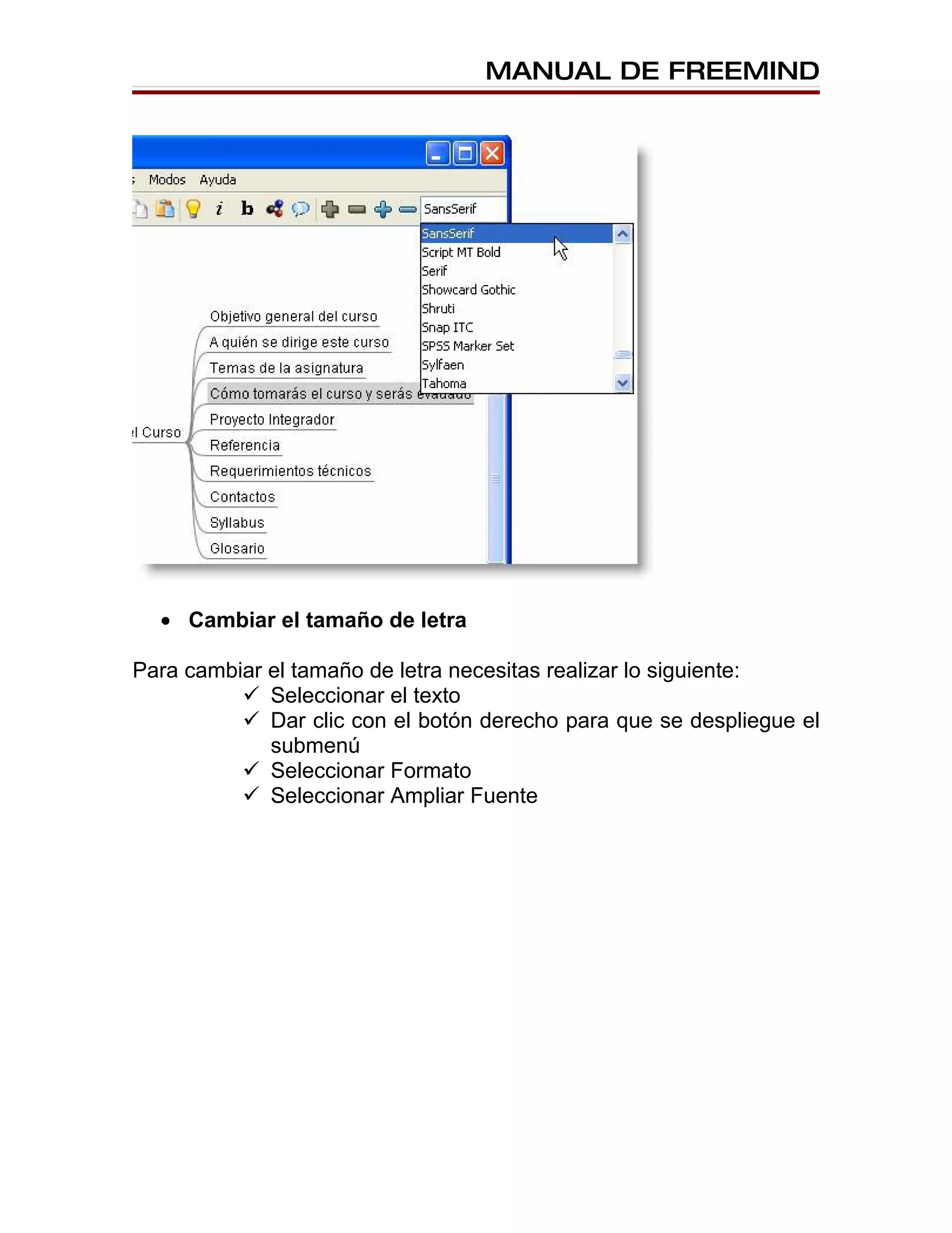 MANUAL DE FREEMIND




  • Cambiar el tamaño de letra

Para cambiar el tamaño de letra necesitas realizar lo siguiente:
           Seleccionar el texto
           Dar clic con el botón derecho para que se despliegue el
             submenú
           Seleccionar Formato
           Seleccionar Ampliar Fuente
 