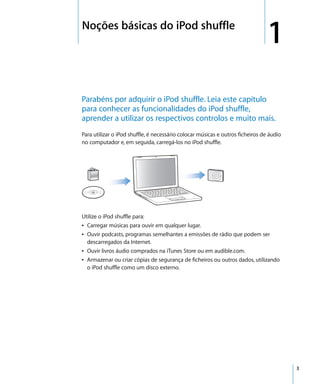 1   Noções básicas do iPod shuffle
                                                                                    1
    Parabéns por adquirir o iPod shuffle. Leia este capítulo
    para conhecer as funcionalidades do iPod shuffle,
    aprender a utilizar os respectivos controlos e muito mais.
    Para utilizar o iPod shuffle, é necessário colocar músicas e outros ficheiros de áudio
    no computador e, em seguida, carregá-los no iPod shuffle.




    Utilize o iPod shuffle para:
    Â Carregar músicas para ouvir em qualquer lugar.
    Â Ouvir podcasts, programas semelhantes a emissões de rádio que podem ser
      descarregados da Internet.
    Â Ouvir livros áudio comprados na iTunes Store ou em audible.com.
    Â Armazenar ou criar cópias de segurança de ficheiros ou outros dados, utilizando
      o iPod shuffle como um disco externo.




                                                                                             3
 
