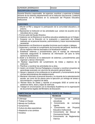 SUPERIOR JERÁRQUICO Director
DESCRIPCIÓN GENERAL
Docente Directivo responsable de organizar, coordinar y supervisar el trabajo
eficiente de los distintos departamentos de la institución educacional. Colabora
directamente con la Directora en la conducción del Proyecto Educativo
Institucional.
FUNCIONES
1. Difundir el PEI y asegurar la participación de la comunidad educativa y el
entorno.
2. Representar la Institución en las actividades que actúen de acuerdo con la
naturaleza de su cargo.
3. Formar parte del Equipo Directivo.
4. Colaborar con la Directora en la política educativa establecida por el Colegio.
5. Cooperar con la Dirección en la evaluación y supervisión del trabajo
realizado por el personal docente y administrativo y hacer recomendaciones
necesarias
6. Representar a la Directora en aquellas funciones que le asigne o delegue.
7. Supervisar y controlar el cumplimiento de funciones del personal, llevando al
día los registros internos asociados a la fiscalización estatal.
8. Establecer sistemas y procedimientos para el manejo de información
reservada asegurando la existencia de información útil para la toma
oportuna de decisiones
9. Asistir a la Directora en la elaboración de sistemas y procedimientos para
organizar y derivar información.
10. Realizar seguimiento del cumplimiento de metas y objetivos de la
institución.
11. Planificar y coordinar las actividades de su área.
12. Asistir a la Unidad Técnica Pedagógica a impulsar y coordinar proyectos de
aprendizaje avanzado con alumnos de educación general básica.
13. Apoyar y asesorar a los profesores en la aplicación y funcionamiento de las
normas administrativas del establecimiento.
14. Mantener informado al personal docente y no docente de la calendarización
escolar, así como de los plazos para la ejecución y/o entrega de tareas o
documentación y registros de datos.
15. Revisar libros de clases y reportar al encargado SIGE el control de la
asistencia diaria, alzas y bajas de matrícula.
16. Trabajar en sincronización con la Secretaria Académica en la organización
de documentos legales del Ministerio de Educación.
COMPETENCIAS NECESARIAS PARA EL PUESTO DE TRABAJO
PERSONALES TÉCNICAS
• Liderazgo
• Trabajo en Equipo
• Manejo de Conflictos
• Compromiso
• Cultura de altas expectativas
• Adaptación a los cambios
• Iniciativa
• Conocimiento de políticas
educativas
• Conocimiento de normativa
vigente.
• Conocimiento del Proyecto
Educativo Institucional
• Conocimiento del Manual de
Convivencia Escolar
• Conocimiento de Reglamentos
Internos
 