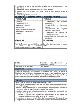 24. Organizar y liderar los proyectos propios de su departamento y de
Capellanía
25. Administrar los recursos de su área en función del PEI.
26. Demás funciones propias del cargo y que le sean asignados por la
Dirección.
27. Elaborar y gestionar proyectos.
COMPETENCIAS NECESARIAS PARA EL PUESTO DE TRABAJO
PERSONALES TÉCNICAS
• Liderazgo
• Trabajo en Equipo
• Manejo de Conflictos
• Compromiso
• Cultura de altas expectativas
• Adaptación a los cambios
• Iniciativa
• Conocimiento de políticas
educativas
• Conocimiento de normativa
vigente
• Conocimiento de Proyecto
Educativo Institucional.
• Conocimiento de Manual de
Convivencia Escolar
• Conocimiento de programas de
orientación
REQUISITOS EXPERIENCIA
Título de Profesor con post-título o post
grado en Orientación
Educacional/Administración Educacional
Dos años de experiencia en cargo
similar
CARGO Orientador Socio-Emocional y
Convivencia Escolar
SUPERIOR JERÁRQUICO Jefe Técnico
DESCRIPCIÓN GENERAL
Profesional encargado de fortalecer los procesos de desarrollo frente a
dificultades que evidencien los estudiantes tanto a nivel académico como a
nivel emocional. Es el responsable de diagnosticar, planificar, ejecutar y
evaluar las actividades de orientación educacional de los estudiantes.
FUNCIONES
1. Elaborar el programa anual de Orientación del Colegio.
2. Presentar el plan Operativo Anual. a la UTP para ser coordinado en el plan
anual del colegio.
3. Presidir y dirigir los consejos de orientación para ir evaluando las acciones o
programa anual de orientación educacional del colegio.
4. Realizar acciones de perfeccionamiento con los docentes en materia de
orientación educacional.
5. Coordinar y apoyar con sugerencias metodologías a las clases de
Orientación, desarrollo personal y Técnicas de Estudios.
6. Desarrollar de acuerdo a la Política de Transversalidad Educacional, los
programas de orientación, en temas como: Valores, Prevención de Alcohol /
 