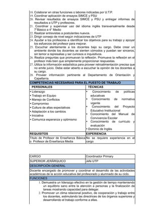 18. Colaborar en otras funciones o labores indicadas por U.T.P.
19. Coordinar aplicación de ensayos SIMCE y PSU
20. Revisar resultados de ensayos SIMCE y PSU y entregar informes de
resultados a UTP y profesores.
21. Coordinar y supervisar uso del idioma inglés transversalmente desde
7°Básico a 4° Medio
22. Realizar entrevistas a postulantes nuevos.
23. Dirigir consejo de nivel según indicaciones de UTP
24. Ayudar a los profesores a identificar los objetivos para su trabajo y apoyar
los esfuerzos del profesor para mejorar.
25. Escuchar atentamente a los docentes bajo su cargo. Debe crear un
ambiente donde los docentes se sienten cómodos y puedan ser sinceros,
sin temor a represalias y ser curiosos e inquisitivos.
26. Realiza preguntas que promuevan la reflexión. Promueve la reflexión en el
profesor más bien que simplemente proporcionar respuestas.
27. Utiliza la información estadística para proveer retroalimentación precisa que
no emite juicio. Debe estar abierto a escuchar la opinión de los docentes a
su cargo.
28. Proveer información pertinente al Departamento de Orientación y
Capellanía.
COMPETENCIAS NECESARIAS PARA EL PUESTO DE TRABAJO
PERSONALES TÉCNICAS
• Liderazgo
• Trabajo en Equipo
• Manejo de Conflictos
• Compromiso
• Cultura de altas expectativas
• Adaptación a los cambios
• Iniciativa
• Comunica esperanza y optimismo
• Conocimiento de políticas
educativas
• Conocimiento de normativa
vigente
• Conocimiento del Proyecto
Educativo Institucional
• Conocimiento del Manual de
Convivencia Escolar
• Conocimiento de currículo y
evaluación
• Dominio de Inglés
REQUISITOS EXPERIENCIA
Título de Profesor de Enseñanza Básica
o Profesor de Enseñanza Media
No se requiere experiencia en el
cargo
CARGO Coordinador Primary
SUPERIOR JERÁRQUICO Jefe UTP
DESCRIPCIÓN GENERAL
Docente encargado de promover y coordinar el desarrollo de las actividades
académicas de la acción educativa del profesorado y alumnado de su ciclo.
FUNCIONES
1. Demuestra un liderazgo efectivo en la gestión de tiempo manteniendo
un equilibrio sano entre la atención a personas y la finalización de
tareas mostrando capacidad para delegar.
2. Promover un clima relacional positivo, de cooperación y trabajo entre
los docentes, estimulando las directrices de los órganos superiores y
desarrollando el trabajo conforme a ellas.
 