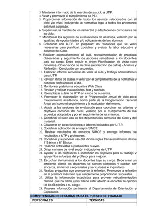 3. Mantener informado de la marcha de su ciclo a UTP.
4. Velar y promover el cumplimiento de PEI.
5. Proporcionar información de todos los asuntos relacionados con el
ciclo y/o nivel, incluyendo la normativa legal a todos los profesores
del nivel asignado.
6. Supervisar, la marcha de los refuerzos y adaptaciones curriculares de
su ciclo.
7. Monitorear los registros de evaluaciones de alumnos, velando por la
igualdad de oportunidades y/o obligaciones de los alumnos
8. Colaborar con U.T.P. en preparar: las reuniones que se vean
necesarias para planificar, coordinar y evaluar la labor educativa y
docente del Ciclo.
9. Realizar acompañamiento al aula, retroalimentación de prácticas
observadas y seguimiento de acciones remediales a los docentes
bajo su cargo. Debe seguir el orden Planificación de visita (con
docente) - Observación de la clase (recolección de datos) - Análisis y
Reflexión - Conclusión con acuerdos.
10. Elaborar informe semestral de visita al aula y trabajo administrativo
para UTP.
11. Revisar libros de clases y velar por el cumplimiento de la normativa y
deberes profesionales al día.
12. Monitorear plataforma educativa Web Class
13. Revisar y validar evaluaciones, test y rúbricas
14. Reemplazar a Jefe de UTP en casos de ausencia.
15. Promover la elaboración de la Programación Anual de ciclo para
mejoramiento académico, como parte de la Programación General
Anual así como el seguimiento y la evaluación del mismo.
16. Asistir a las sesiones de evaluación para coordinar los criterios y
objetivos comunes del nivel, velando por el cumplimiento de los
acuerdos adoptados y por el seguimiento de los mismos.
17. Coordinar el buen uso de las dependencias comunes del Ciclo y del
material.
18. Colaborar en otras funciones o labores indicadas por U.T.P.
19. Coordinar aplicación de ensayos SIMCE
20. Revisar resultados de ensayos SIMCE y entrega informes de
resultados a UTP y profesores.
21. Coordinar y supervisar uso del idioma inglés transversalmente desde
1°Básico a 6° Básico
22. Realizar entrevistas a postulantes nuevos.
23. Dirigir consejo de nivel según indicaciones de UTP
24. Ayudar a los profesores a identificar los objetivos para su trabajo y
apoyar los esfuerzos del profesor para mejorar.
25. Escuchar atentamente a los docentes bajo su cargo. Debe crear un
ambiente donde los docentes se sienten cómodos y puedan ser
sinceros, sin temor a represalias y ser curiosos e inquisitivos.
26. Realiza preguntas que promuevan la reflexión. Promueve la reflexión
en el profesor más bien que simplemente proporcionar respuestas.
27. Utiliza la información estadística para proveer retroalimentación
precisa que no emite juicio. Debe estar abierto a escuchar la opinión
de los docentes a su cargo.
28. Proveer información pertinente al Departamento de Orientación y
Capellanía.
COMPETENCIAS NECESARIAS PARA EL PUESTO DE TRABAJO
PERSONALES TÉCNICAS
 