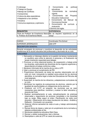• Liderazgo
• Trabajo en Equipo
• Manejo de Conflictos
• Compromiso
• Cultura de altas expectativas
• Adaptación a los cambios
• Iniciativa
• Comunica esperanza y optimismo
• Conocimiento de políticas
educativas
• Conocimiento de normativa
vigente
• Conocimiento del Proyecto
Educativo Institucional
• Conocimiento del Manual de
Convivencia Escolar
• Conocimiento de currículo y
evaluación
• Dominio de Inglés
REQUISITOS EXPERIENCIA
Título de Profesor de Enseñanza Básica
o Profesor de Enseñanza Media
No se requiere experiencia en el
cargo
CARGO Coordinador Pre-School
SUPERIOR JERÁRQUICO Jefe UTP
DESCRIPCIÓN GENERAL
Docente encargado de promover y coordinar el desarrollo de las actividades
académicas de la acción educativa del profesorado y alumnado de su ciclo.
FUNCIONES
1. Demuestra un liderazgo efectivo en la gestión de tiempo manteniendo
un equilibrio sano entre la atención a personas y la finalización de
tareas mostrando capacidad para delegar.
2. Promover un clima relacional positivo, de cooperación y trabajo entre
los docentes, estimulando las directrices de los órganos superiores y
desarrollando el trabajo conforme a ellas.
3. Mantener informado de la marcha de su ciclo a UTP.
4. Velar y promover el cumplimiento de PEI.
5. Proporcionar información de todos los asuntos relacionados con el
ciclo y/o nivel, incluyendo la realidad socio-cultural de los alumnos
atendidos, la normativa legal a todas las Educadoras de Párvulos del
nivel asignado.
6. Supervisar, la marcha de los refuerzos y adaptaciones curriculares de
su ciclo.
7. Monitorear los registros de evaluaciones de alumnos, velando por la
igualdad de oportunidades y/o obligaciones de los alumnos
8. Colaborar con U.T.P. en preparar: las reuniones que se vean
necesarias para planificar, coordinar y evaluar la labor educativa y
docente del Ciclo.
9. Realizar acompañamiento al aula, retroalimentación de prácticas
observadas y seguimiento de acciones remediales a los docentes
bajo su cargo. Debe seguir el orden: Planificación de visita (con
docente) - Observación de la clase (recolección de datos) - Análisis y
Reflexión - Conclusión con acuerdos.
10. Elaborar informe semestral de visita al aula y trabajo administrativo
para UTP.
11. Revisar libros de clases y velar por el cumplimiento de la normativa y
deberes profesionales al día.
12. Monitorear plataforma educativa Web Class
13. Revisar y validar evaluaciones, test y rúbricas
14. Reemplazar a Jefe de UTP en casos de ausencia.
 