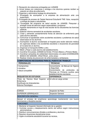 5. Recepción de colaciones entregadas por JUNAEB
6. Armar bolsas con colaciones y entrega a los alumnos quienes reciben su
colación en oficia de enfermería.
7. Organizar y administrar bodega de alimentación.
8. Encargada de acompañar a la empresa de alimentación ante una
supervisión.
9. Encargada de proceso de Tarjeta Nacional Estudiantil TNE: fotos, recepción
y entrega de pases a estudiantes.
10. Encargada del programa de salud escolar de JUNAEB. Pesquisar y
entregar horas de atención según especialidad y programa
11. Ingresar diariamente en hoja de vida escolar de los estudiantes las licencias
médicas.
12. Elaborar informe semestral de accidentes escolares.
13. Crear y alimentar constantemente fichas de atención de enfermería para
cada alumno atendido.
14. Comunicar al apoderado sobre accidentes escolares o problemas de salud
observados en los alumnos.
15. Acompañar al alumno accidentado al hospital para recibir atención médica
de urgencias debido a los accidentes escolares o situaciones de gravedad
en la salud de un alumno.
16. Organizar el transporte SAMU u otro.
17. Medir y Pesar a cada alumno del establecimiento.
18. Coordinar Encuestas JUNAEB de Kinder, Primero Básico y Primero Medio.
19. Coordinar campañas de solidaridad relacionadas a la salud (COANIQUEM,
BANCO DE SANGRE, CRUZ ROJA , entre otras)
20. Realizar charlas de prevención de enfermedades y embarazos.
COMPETENCIAS NECESARIAS PARA EL PUESTO DE TRABAJO
PERSONALES TÉCNICAS
• Compromiso
• Iniciativa
• Salud compatible
Conocimiento de Manual de Higiene
y Seguridad.
Conocimiento de protocolos de
Técnicas en Primeros auxilios para
establecimientos escolares.
REQUISITOS DE ESTUDIOS EXPERIENCIA
Título de Técnico Nivel Superior en
Enfermería
Certificado de Antecedentes
Informe Psicológico
Un año en cargo similar
​​​CARGO Inspector de Patio
SUPERIOR JERÁRQUICO Inspector General
DESCRIPCIÓN GENERAL
Apoyar el proceso de enseñanza aprendizaje manteniendo una buena
convivencia y disciplina escolar
FUNCIONES
1. Mantener al Inspector General informado de su gestión.
2. Controlar acceso y desplazamiento dentro del edificio según instrucciones
administrativas.
3. Distribuir comunicaciones oficiales a profesores y alumnos.
4. Resolver situaciones disciplinarias leves.
5. Vigilar el ambiente estudiantil durante los recreos,
 